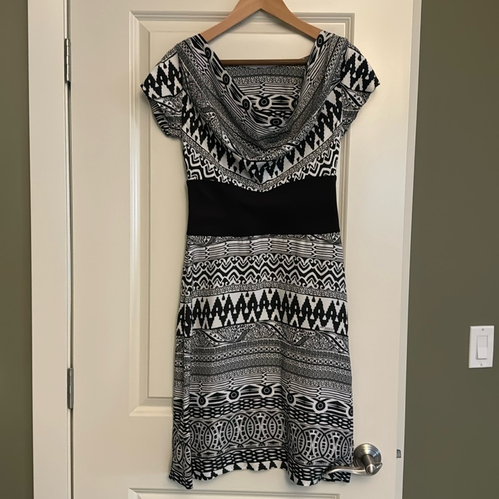 New, stunning Ferre silk dress with a focus on the waist and cowl neckline.